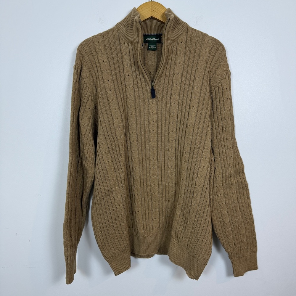 Eddie Bauer Cable Knit Quarter Zip Sweater Tan Cotton Pullover Size Large